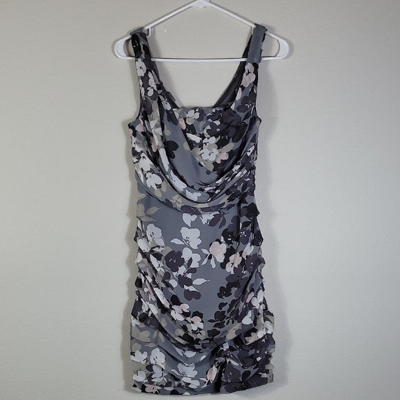 Y2K Express Dark Floral Mini Dress Size 2 Gray Ruched Whimsigoth Romantic 90s - Picture 3 of 15